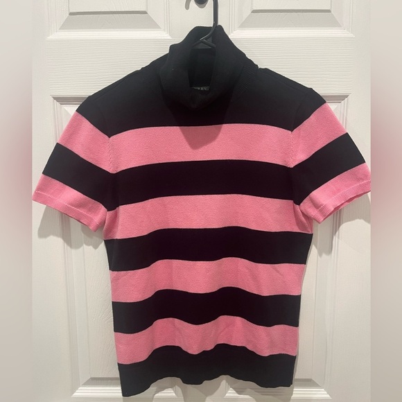 Lauren Ralph‎ Lauren Pink and Black Striped Short Sleeve Turtleneck Top Preppy L - Picture 1 of 3